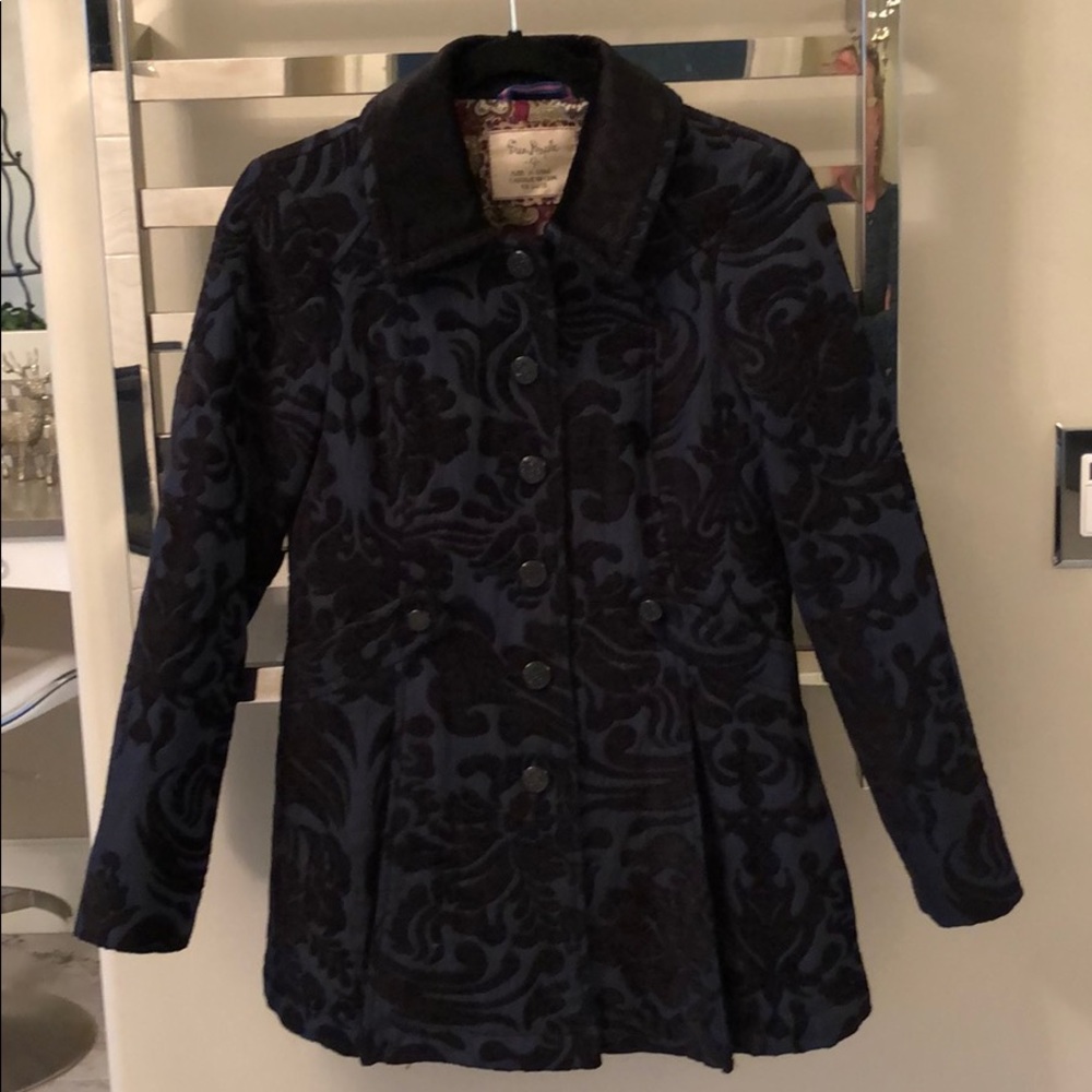 Free People Coat.  Navy/black tapestry print.